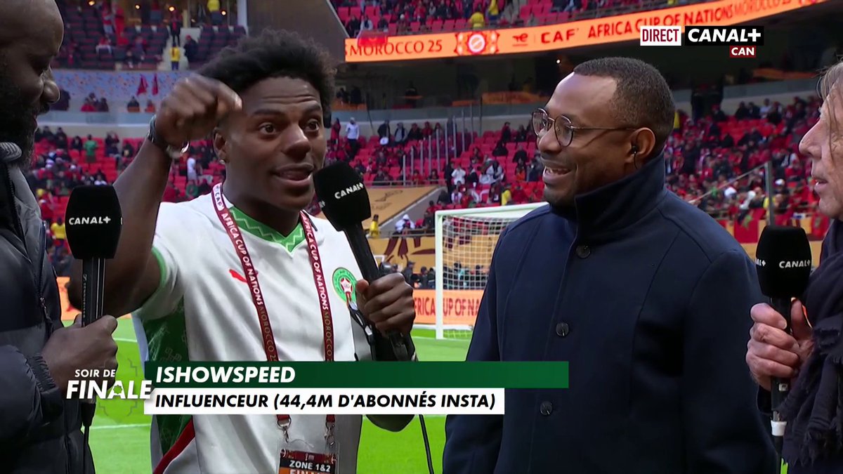 #CANALPLUSCAN : Regardez qui est au stade pour Sénégal 🇸🇳 / Maroc 🇲🇦 😍 IShowSpeed est en direct sur CANAL+ CAN ! 💥 Il donne son favori pour la finale avant de défier Fousseni Diawara dans un sprint 🔥🏃♂️