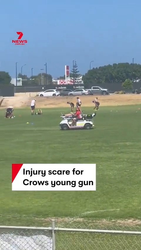 JUST IN: There is a huge injury scare at West Lakes with Crows young gun Dan Curtin stretchered off the training track after a wrestling drill.