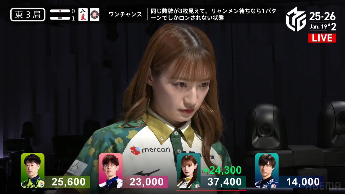 #Mリーグ 2025-26試合ダイジェスト📹 東3局1本場 #中田花奈 選手の親倍満ツモ！ 好調が続く中田選手 親番で🀙を暗槓し新ドラがなんと🀙！ 流れるように🀑単騎のリーチ！ 太選手も追いつくが 中田選手が鮮やかに🀑ツモ！ 8000オールのアガリで持ち点は6万点突破！ 👇動画タップで今すぐ無料視聴
