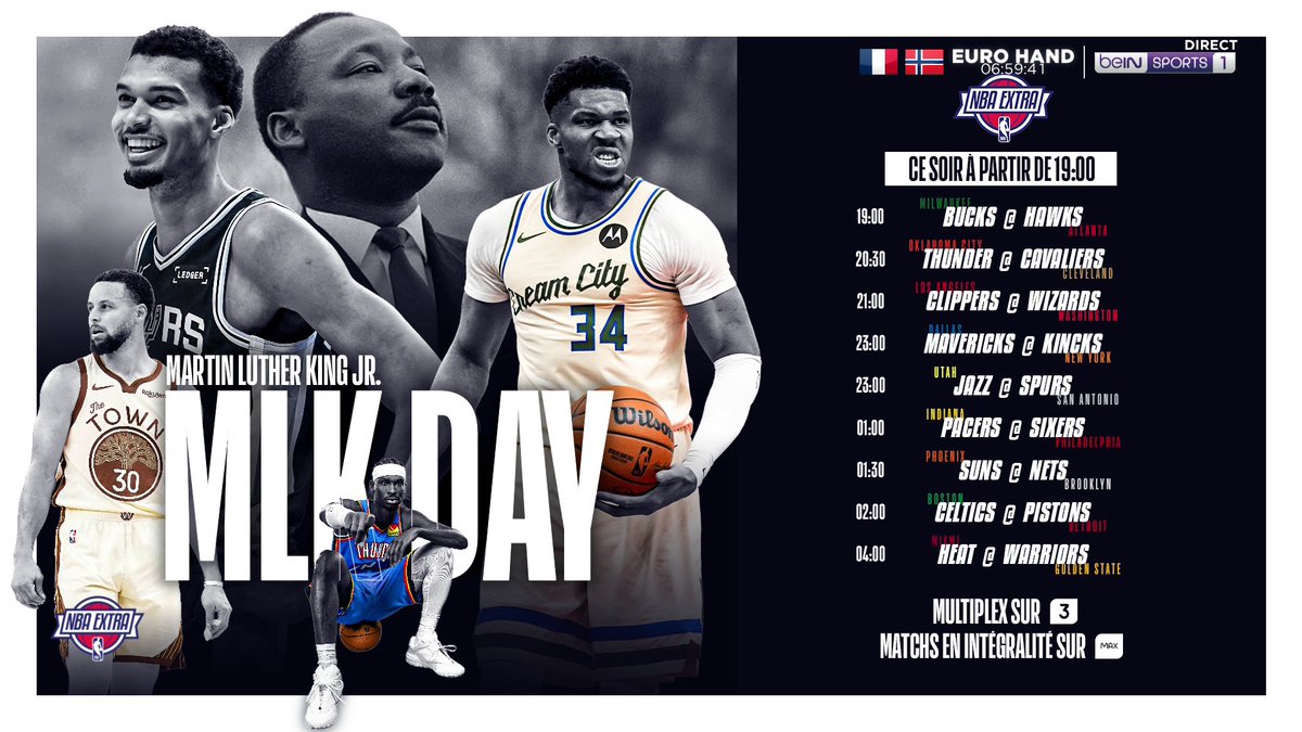 🏀 #NBAextra 📺 RDV dès 19h00 sur beIN SPORTS 3 et sur les canaux MAX pour le #MLKDay ! 🔥 9 matchs au programme !