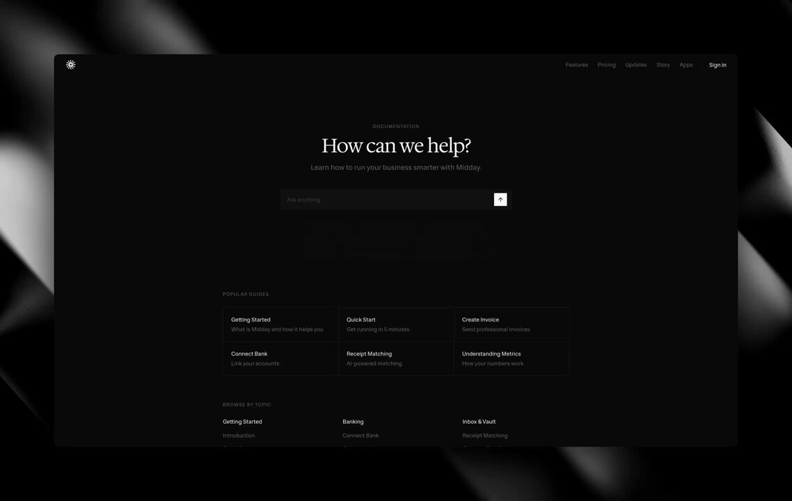As Midday grows, so does our documentation, built with: - Next.js - AI SDK v6 - Streamdown Hayden Bleasel - Shadcn