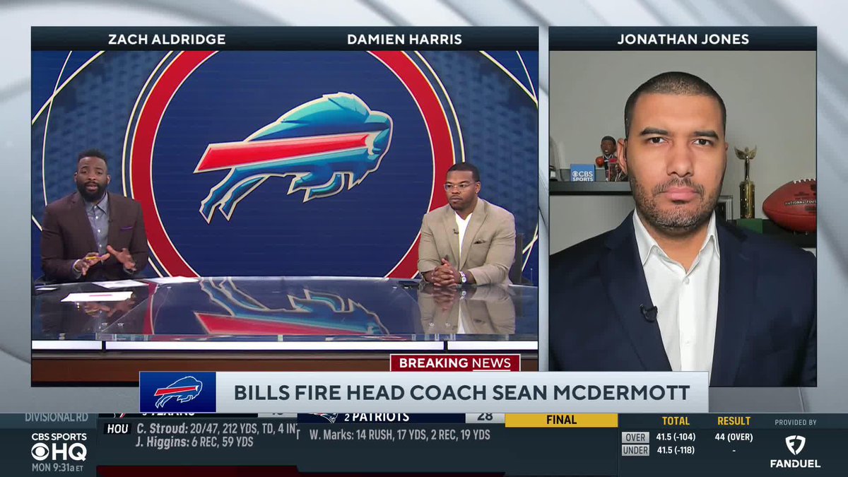 .Jonathan Jones reacts to the Bills firing head coach Sean McDermott after playoff loss to the Broncos.