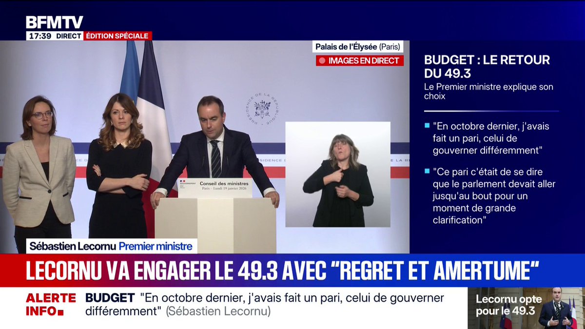 🔴🇫🇷 𝗔𝗟𝗘𝗥𝗧𝗘 𝗜𝗡𝗙𝗢 — Sébastien Lecornu CONFIRME le recours au 49.3 avec « regret et amertume ».
