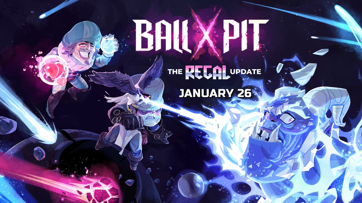 BALL x PIT gets even more ballier with The Regal Update on January 26! 🧙🏽 new characters x 2 🤹🏼‍♂️ new balls x 8 ✨ new passives x ? ⏳ new secret x 1