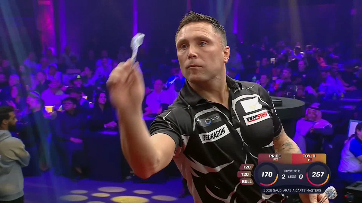 PRICE HITS THE 170 IN RIYADH!! The Big Fish is netted by Gerwyn Price and there's the trademark roar from the Welshman 🏴󠁧󠁢󠁷󠁬󠁳󠁿 📺 #RiyadhSeasonDarts | R1
