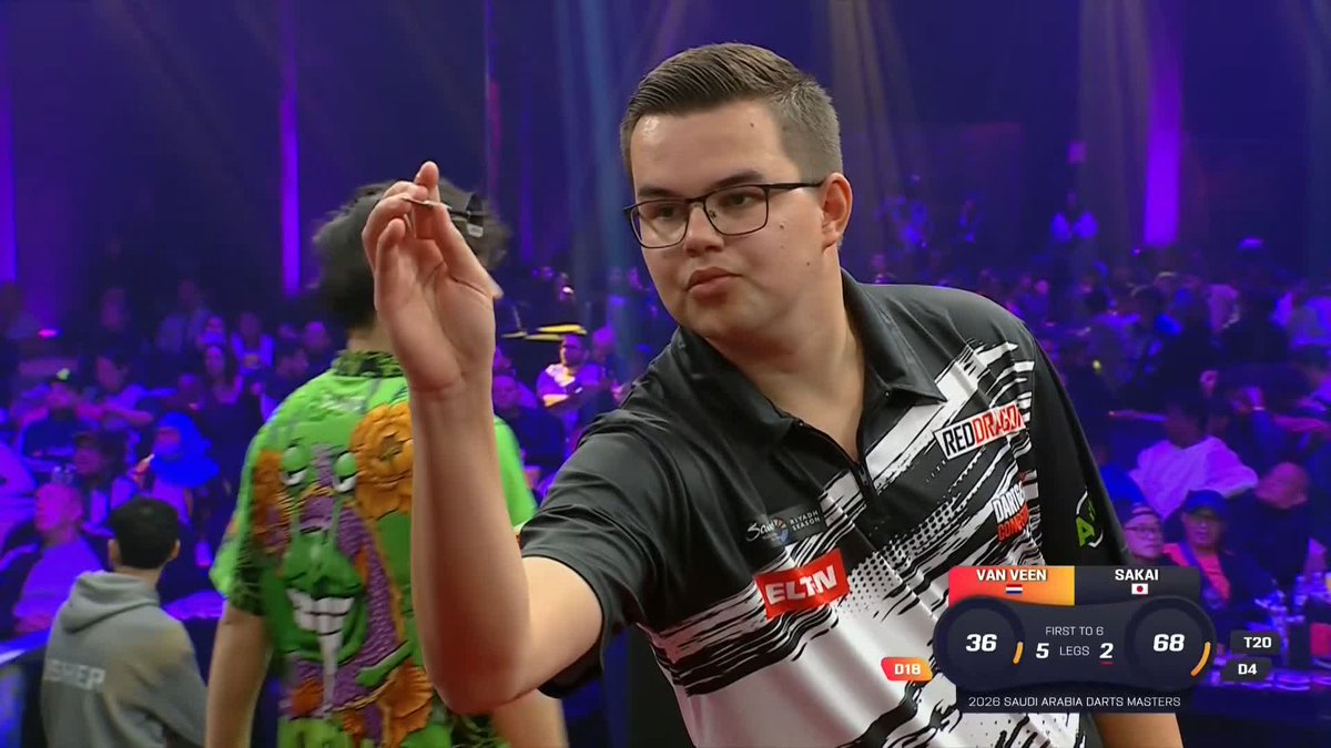 VAN VEEN SINKS SAKAI! Gian van Veen rounds off Monday's play with a 6-2 success against Motomu Sakai! The Dutchman will now take on Luke Littler in a repeat of the recent World Championship final! 👀 📺 #RiyadhSeasonDarts | R1