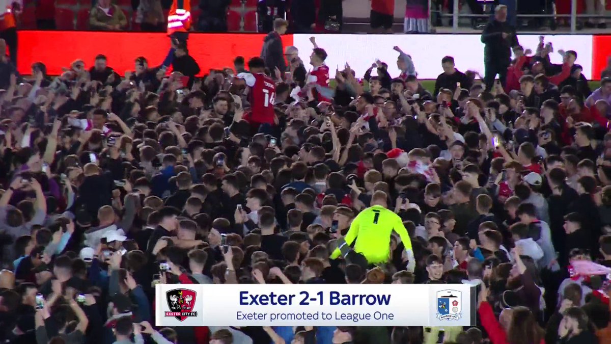 Throwback to April 2022 when Exeter City got promoted to league one after 10 years in league two Look at those limbs on the pitch 👏 They haven’t lost at St James Park this season since 27th September #ecfc