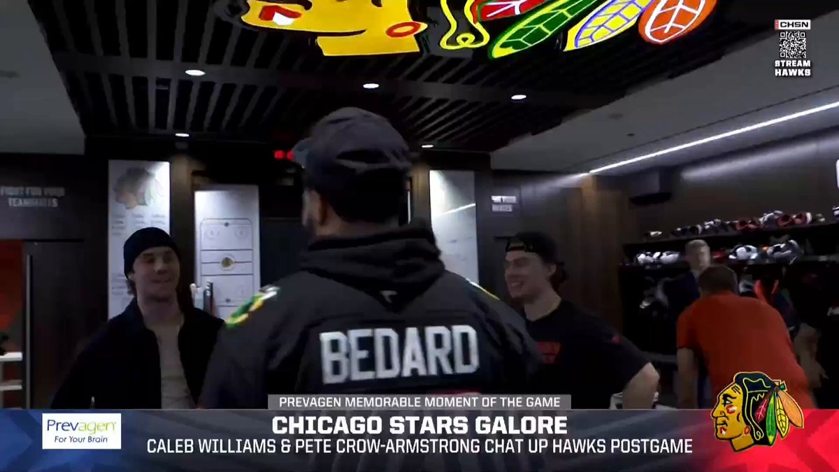 Caleb Williams and Pete Crow-Armstrong visiting the players inside the locker room after the game. #Blackhawks