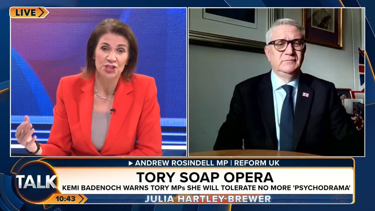 💥Julia Hartley-Brewer pushes Tory defector, Andrew Rosindell MP, on his refusal to hold a by-election. Andrew: "I'm worried about wasting time..." JHB: "Wasting time? Democracy is wasting time?" Julia Hartley-Brewer