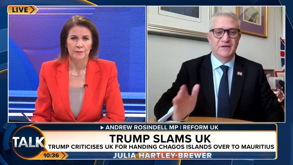 🚨 "This is a total betrayal of our national security, the British taxpayer and the Chagossian people." Reform UK MP Andrew Rosindell attacks the previous Conservative government for "starting the negotiations" to give away Chagos to Mauritius. Julia Hartley-Brewer