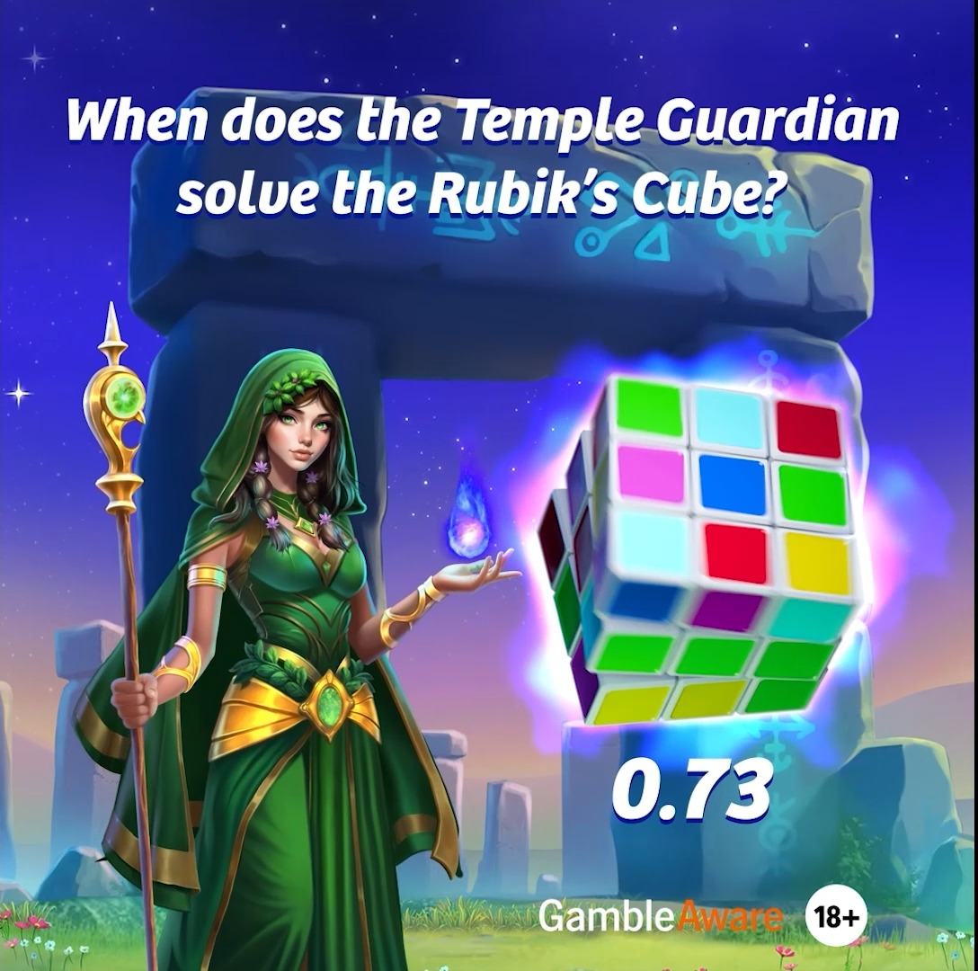 🧙‍♀️ The Temple Guardian is conjuring up 𝐭𝐡𝐫𝐞𝐞 £𝟓𝟎 𝐀𝐦𝐚𝐳𝐨𝐧 𝐯𝐨𝐮𝐜𝐡𝐞𝐫𝐬 for players who can time her rubik's cube challenge correctly.⁣ ⁣ Tell us the answer below for the chance to win, but get it wrong and you might just be hopping home as a frog.⁣ ___________⁣ ⁣ ⁣ ⁣ Temple Guardian by Pragmatic Play ⁣ Three randomly selected winners will be announced on 26th January to each win a £50 Amazon voucher. ⁣ Vouchers not exchangeable for cash.