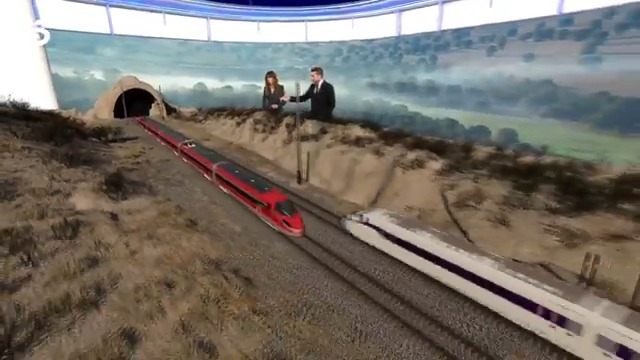 Recreación con Realidad Aumentada de Telecinco del accidente ferroviario en Adamuz y la secuencia de descarrilamiento de los trenes Iryo en primer lugar y Alvia posteriormente.