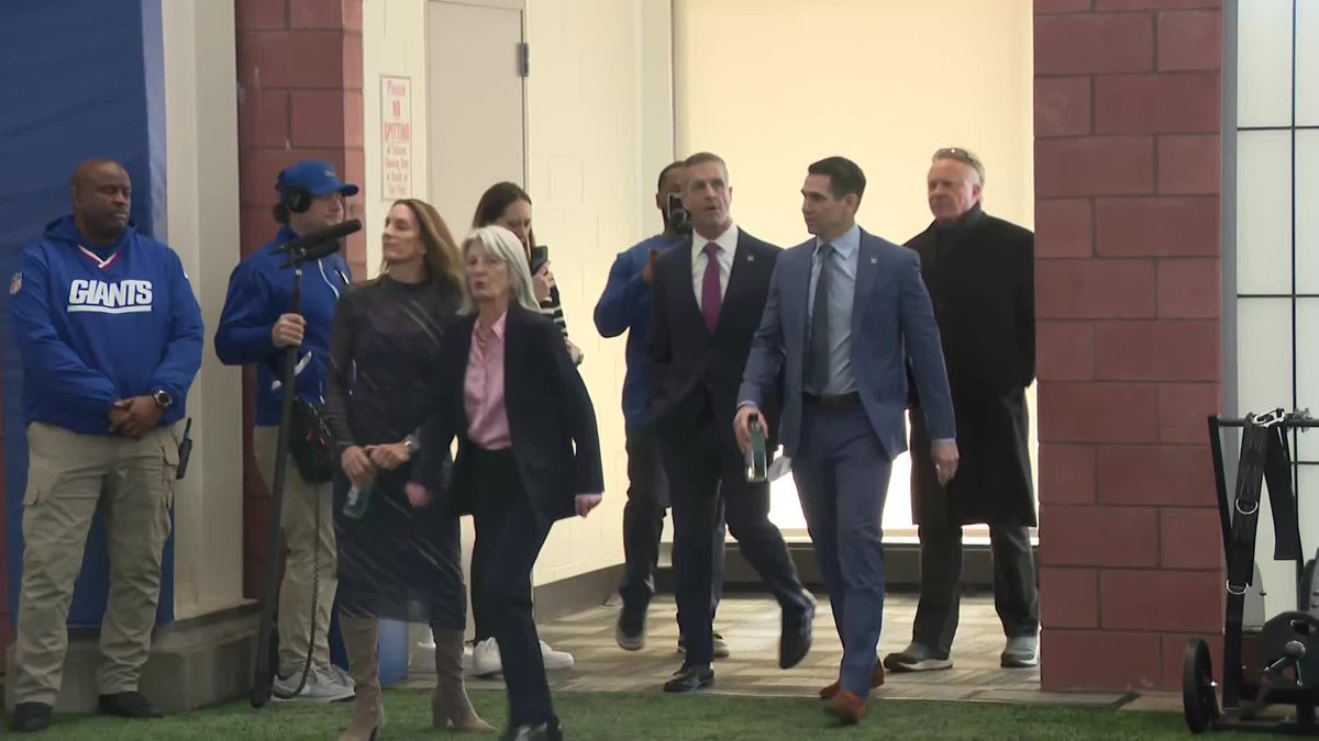 "You guys ready to go to work?" John Harbaugh says hello to the members of the Giants that are in attendance for his introduction as head coach