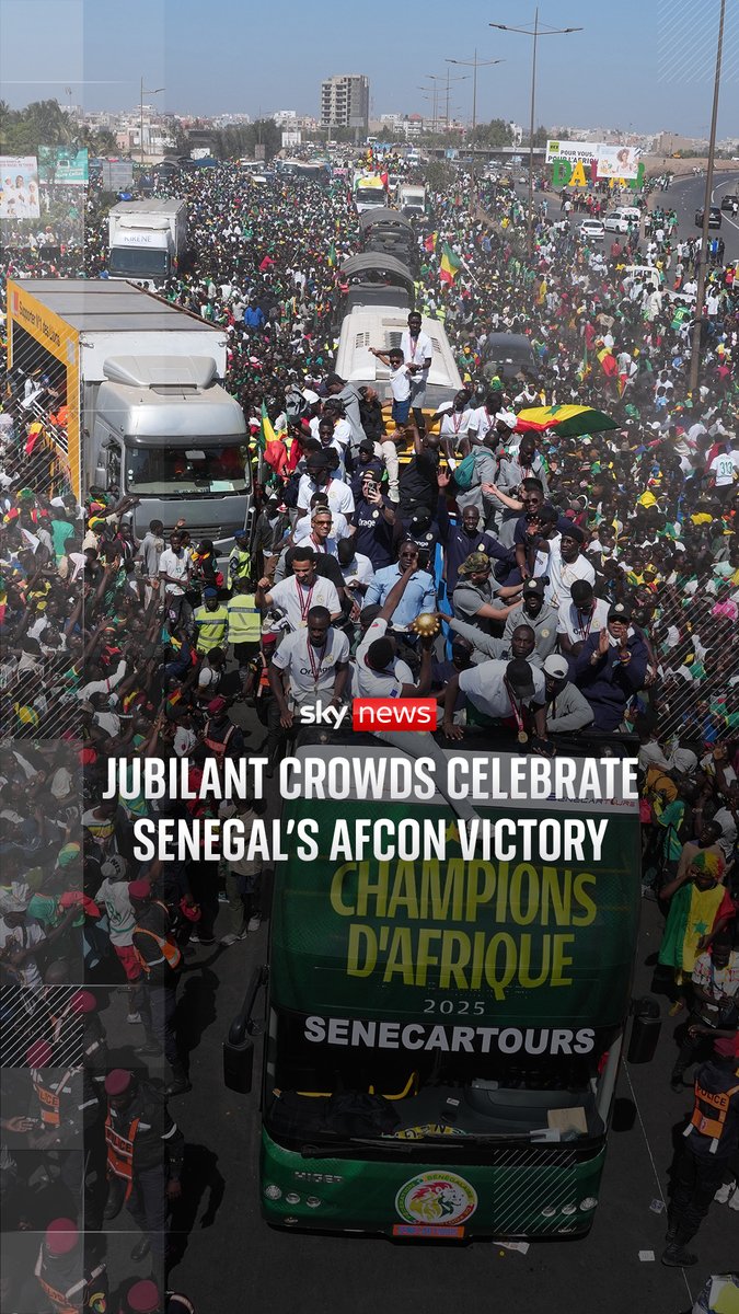 The Senegalese football team paraded the streets of the capital Dakar with their AFCON trophy on an open-top bus, surrounded by jubilant crowds waving flags. 🔗