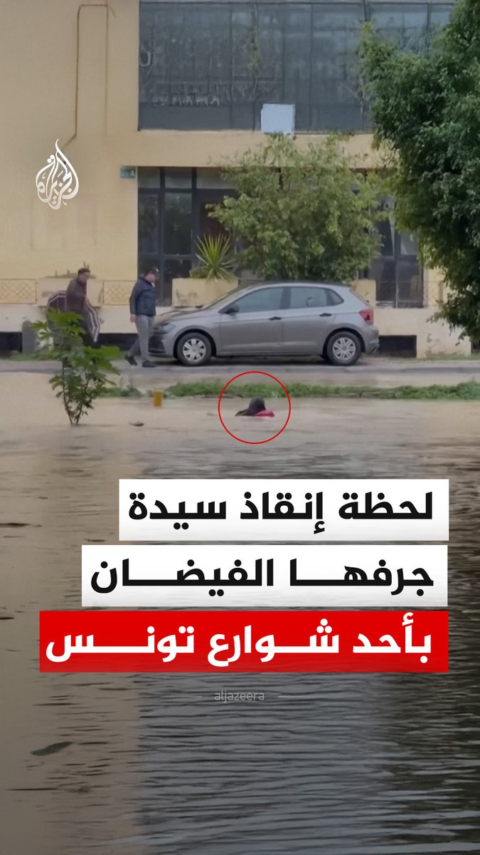 لحظة إنقاذ المارة لسيدة في أحد شوارع تونس بعدما جرفتها مياه الفيضان، وتسببت التقلبات الجوية والأمطار الغزيرة في وفاة 4 أشخاص ووقوع أضرار مادية في عدة مناطق #فيديو