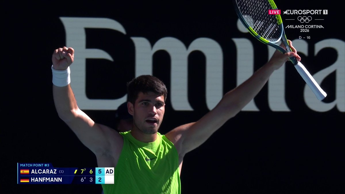 Primer 'Yannick' superado ✔️ Carlos Alcaraz acaba con Hanfmann en tres sets, coge ritmo y espera en tercera ronda al ganador del Zheng-Moutet. 📺 Lo has visto en Eurosport.es y HBO Max España. #AusOpen