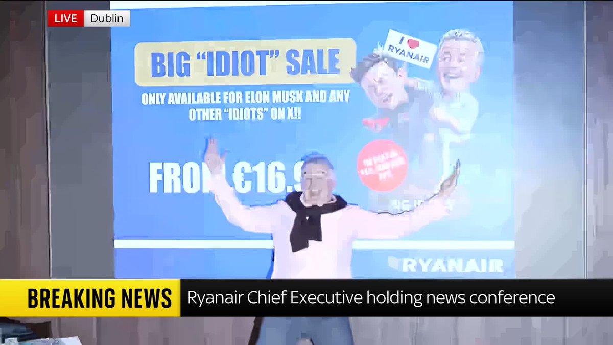 Ryanair CEO Michael O'Leary is holding a press conference after his recent Twitter spat with Elon Musk. 📺 Sky 501, Virgin 602, Freeview 233 and YouTube