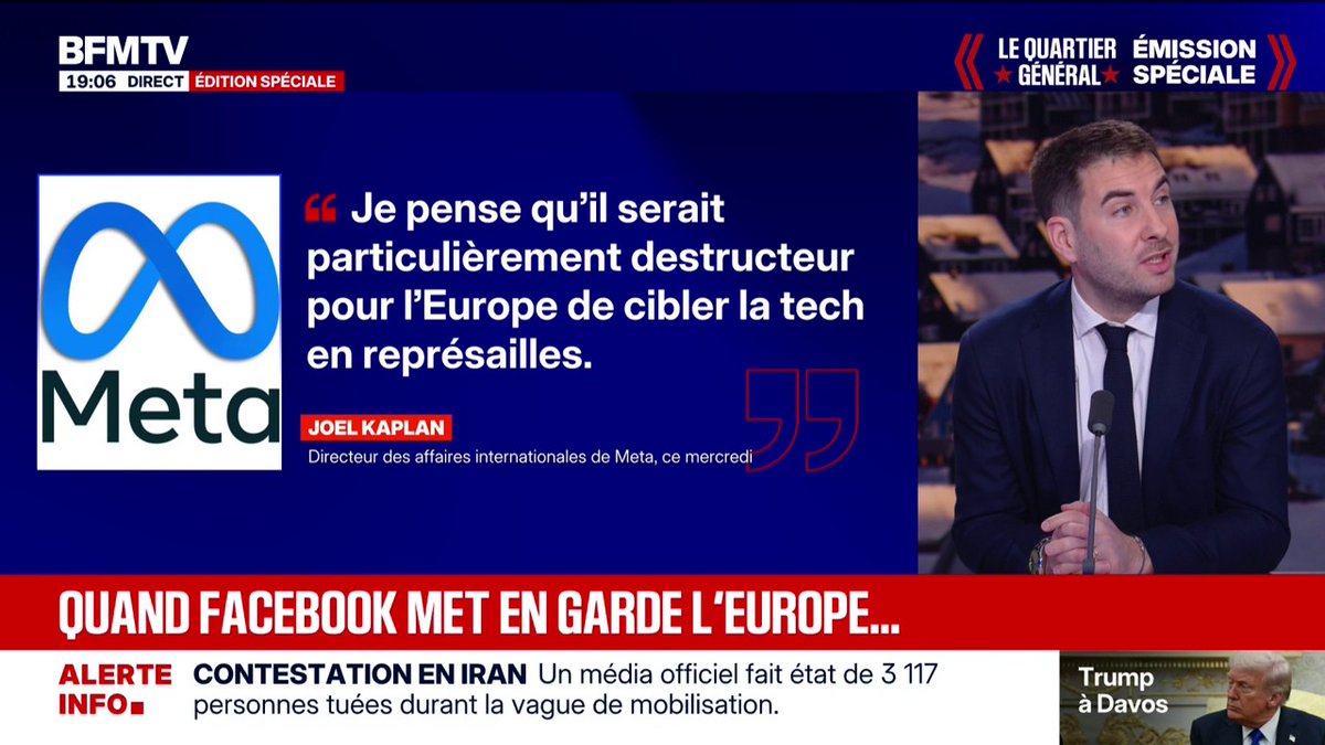 💬 "Je pense qu'il serait particulièrement destructeur pour l'Europe de cibler la tech en représailles" ➡️ Joël Kaplan, le patron de Meta, avertit les européens contre d'éventuelles sanctions économiques