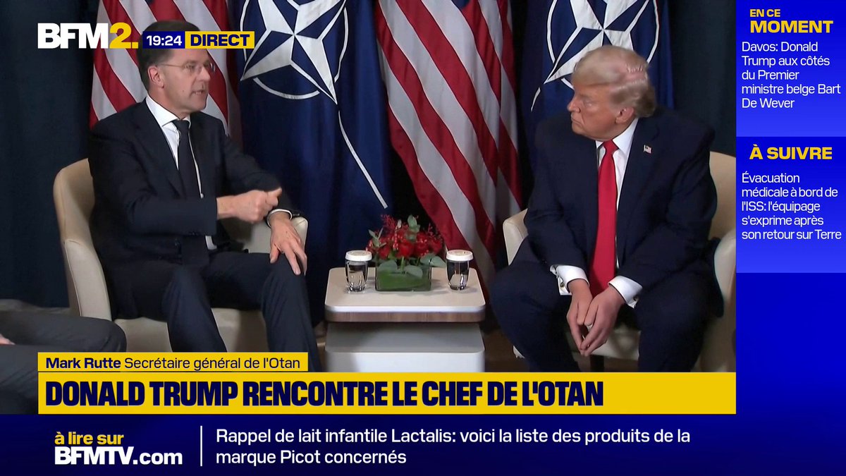 💬 "Vous n'êtes pas absolument sûr que les Européens viendraient au secours des États-Unis si vous étiez attaqués. Laissez moi vous dire qu'ils le feront" Le secrétaire général de l'Otan, Mark Rutte, face à Donald Trump en marge du forum de Davos #BFM2