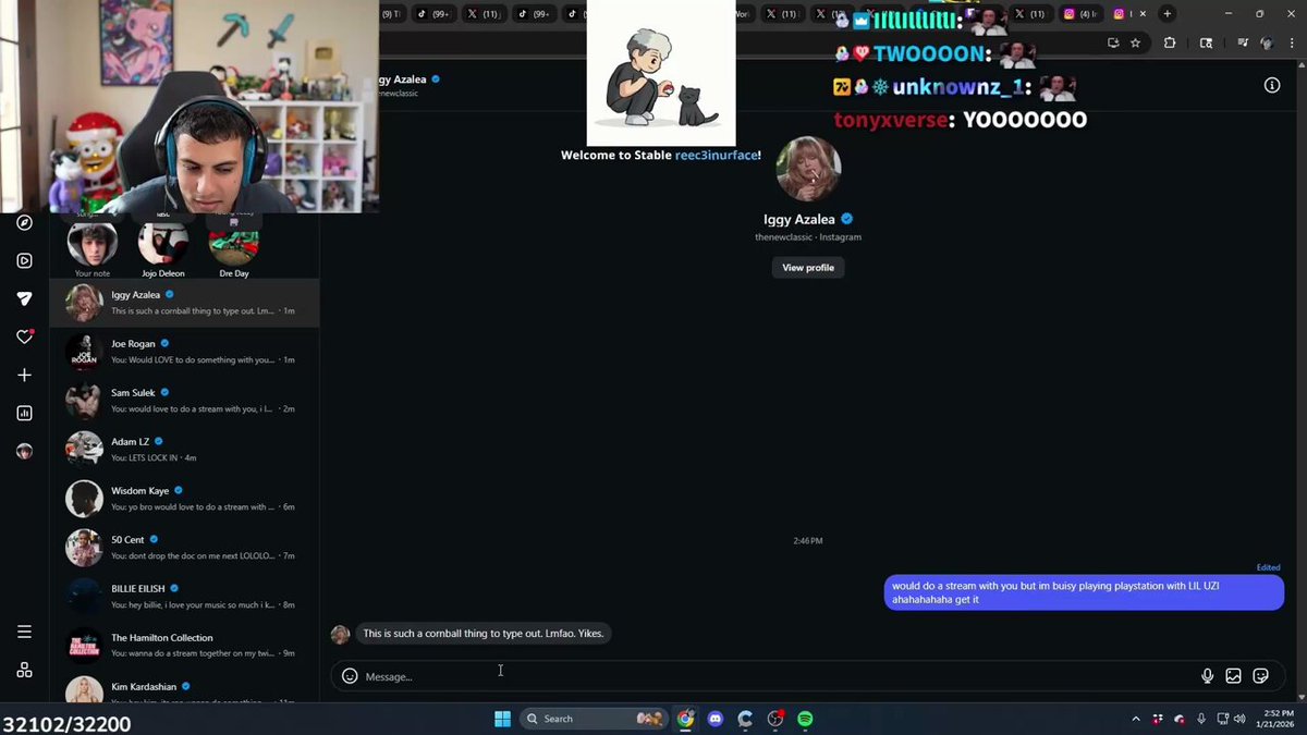 Stable Ronaldo tried DMing Iggy Azalea to do a stream together and instantly got blocked 😭 his message: “would do a stream with you but I’m busy playing PlayStation with LIL UZI”