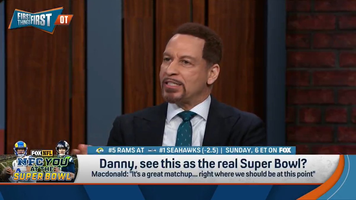 Do you see Rams at Seahawks as the real Super Bowl? Danny Parkins: “Yes, I do. I think these are the 2 best teams in the NFL...They’ve been the 2 best teams in the NFL.” Chris Broussard: “No, this is not the real Super Bowl. The real Super Bowl will happen in a few weeks.” 😅