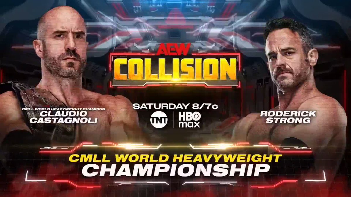 THIS SATURDAY on #AEWCollision, Claudio defends the Lucha Libre CMLL World Heavyweight Title against the number one contender Roderick Strong! Watch #AEWDynamite LIVE on TBS &amp; HBO Max