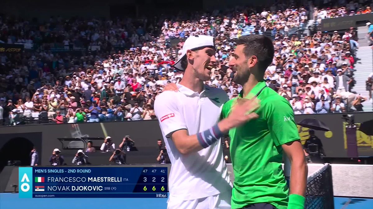 "Novak Djokovic" Porque venció a Francesco Maestrelli por 6-3, 6-2, 6-2 y avanzó a la tercera ronda del Australian Open. Tiene 38 años y sigue cogiendo como un toro el serbio pijudo. #AusOpen