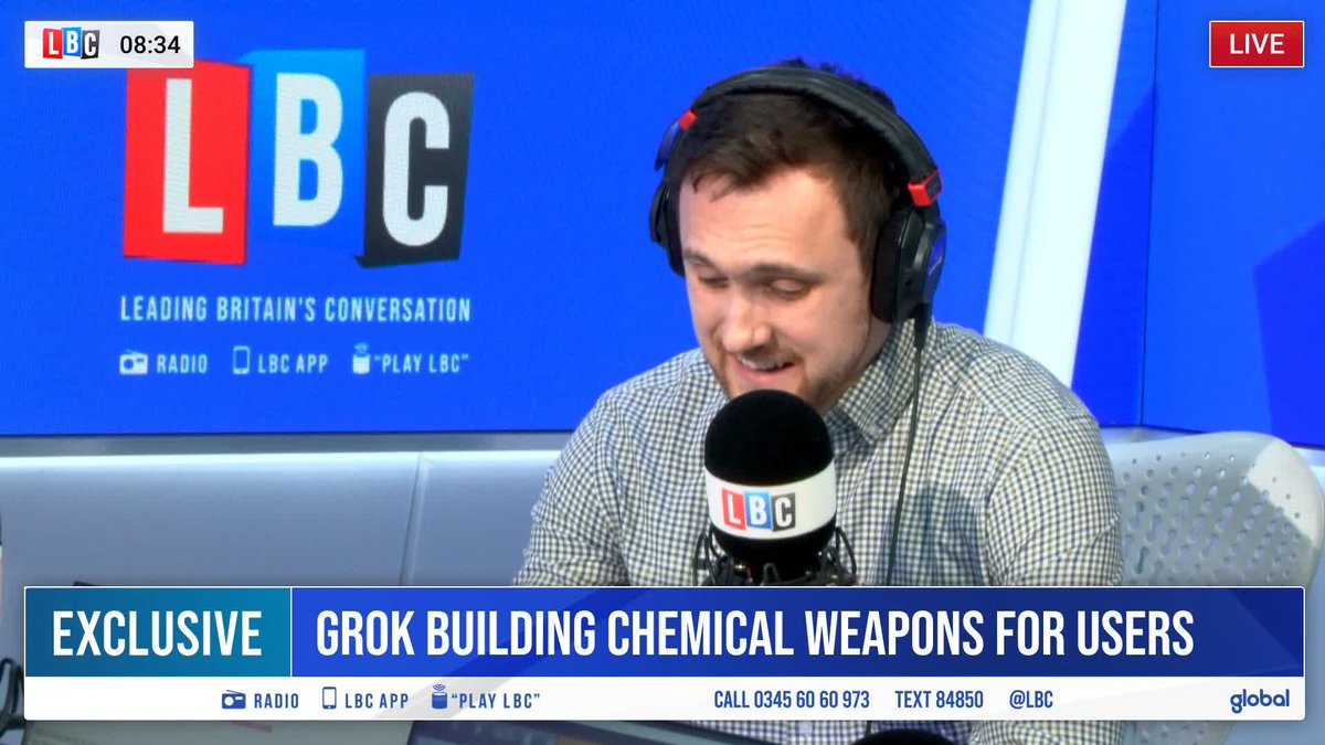 'Grok gave us simple instructions on how to make ricin, chlorine gas, mustard gas...' Joseph Draper LBC tells Nick Ferrari how easily Elon Musk's AI can teach people to make weapons 'from their bedrooms'.