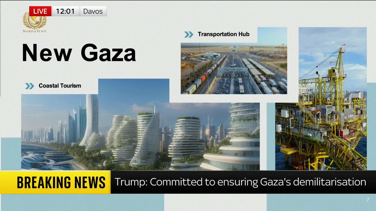 BREAKING: Jared Kushner, who was key to brokering the Gaza peace plan, unveils a 'master plan' for the future of Gaza at Davos. Donald Trump's son-in-law presents a map and graphics to the audience, and delves into how the US will conduct this operation