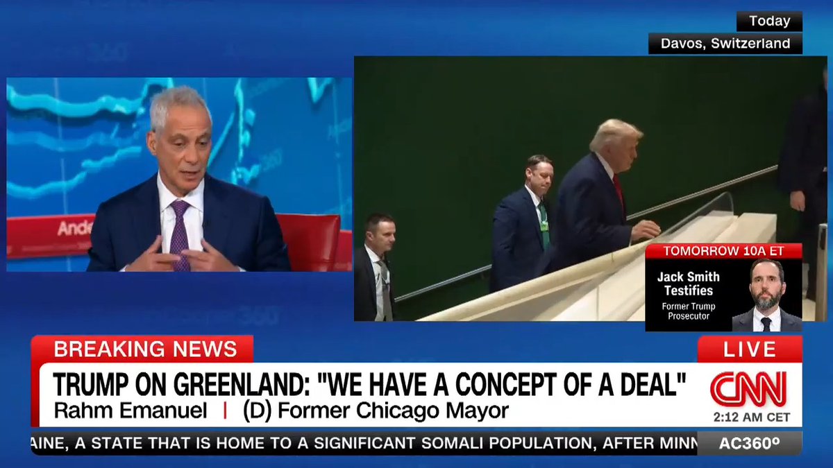 "The collateral damage is nobody's going to trust America anymore": Former ambassador to Japan Rahm Emanuel says President's Trump's push to acquire Greenland and fiery speech at the World Economic Forum have harmed the United States' standing on the world stage.