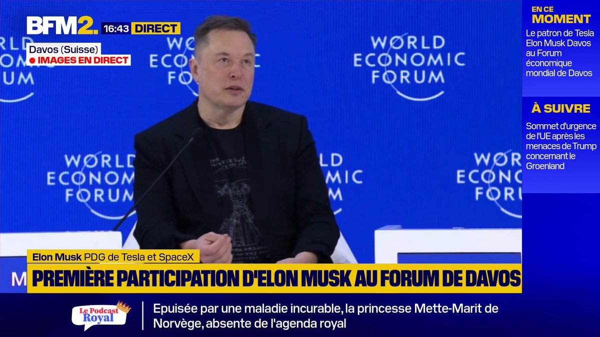 💬 "Pour moi, c'est faisable" À Davos, Elon Musk dit penser trouver "des façons d'allonger la vie peut-être même d'inverser le processus de vieillissement" #BFM2