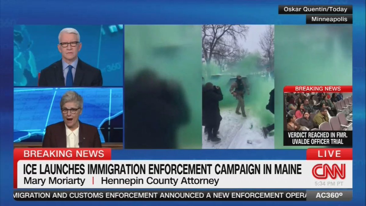 Attorney: You can see there's a person who is face down on the ground. He seems to be handcuffed. People are on his back, and an ICE agent is spraying him in the face with some kind of yellow chemical. And you've also shown the video of Bovino throwing a green canister of gas, which was in the direction of a school and a park.