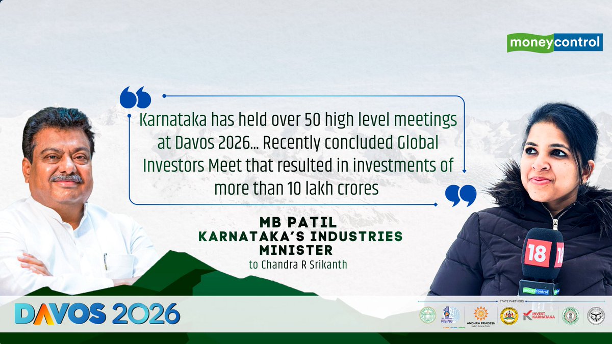 #MCatDavos 🚨 | "Karnataka has held over 50 high level meetings at Davos 2026, we have recently concluded our Global Investors Meet where more than 10 lakh crores worth of investments were signed." says MB Patil (M B Patil), Industries Minister of Karnataka in conversation with Chandra R. Srikanth on the sidelines of the World Economic Forum 2026 World Economic Forum | #WEF2026 #Moneycontrol #Davos #Karnataka