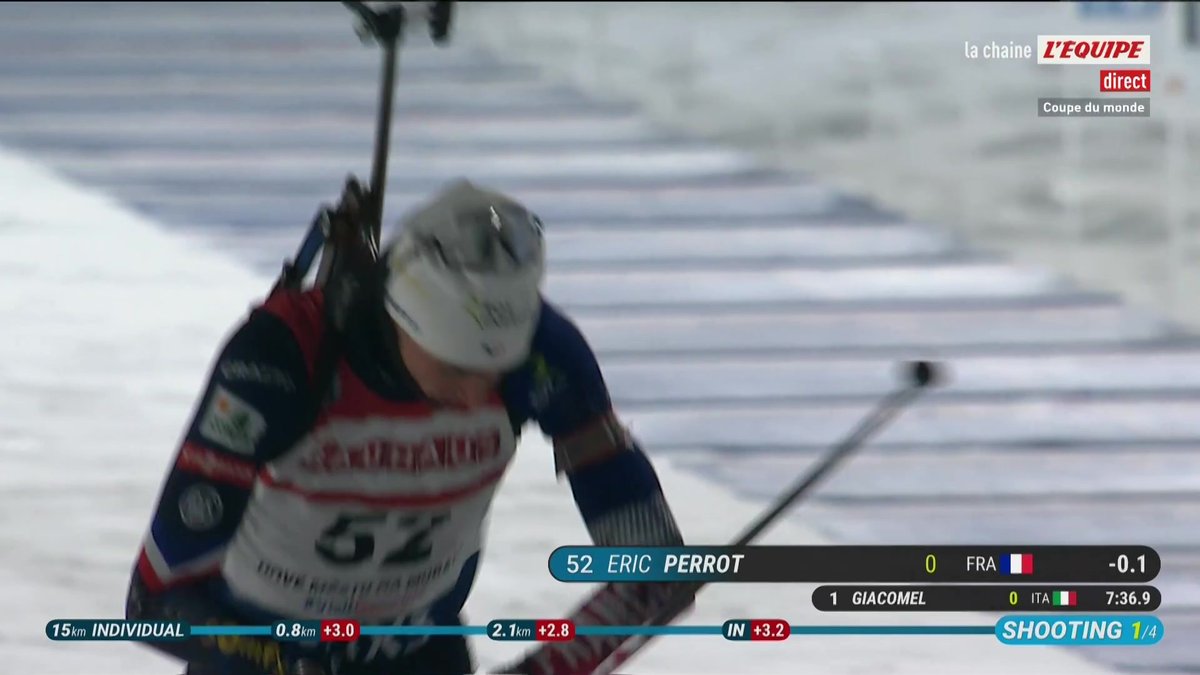 💪 Eric Perrot réalise le sans-faute sur le premier tir et ressort à la deuxième position ! #lequipeBIATHLON