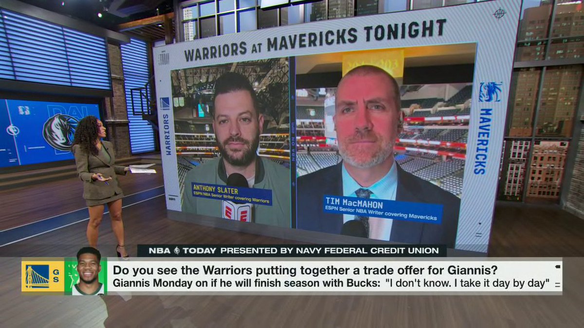 All eyes on Warriors–Mavericks 👀 Anthony Slater and Tim MacMahon are on-site to set the scene 🏀🔥