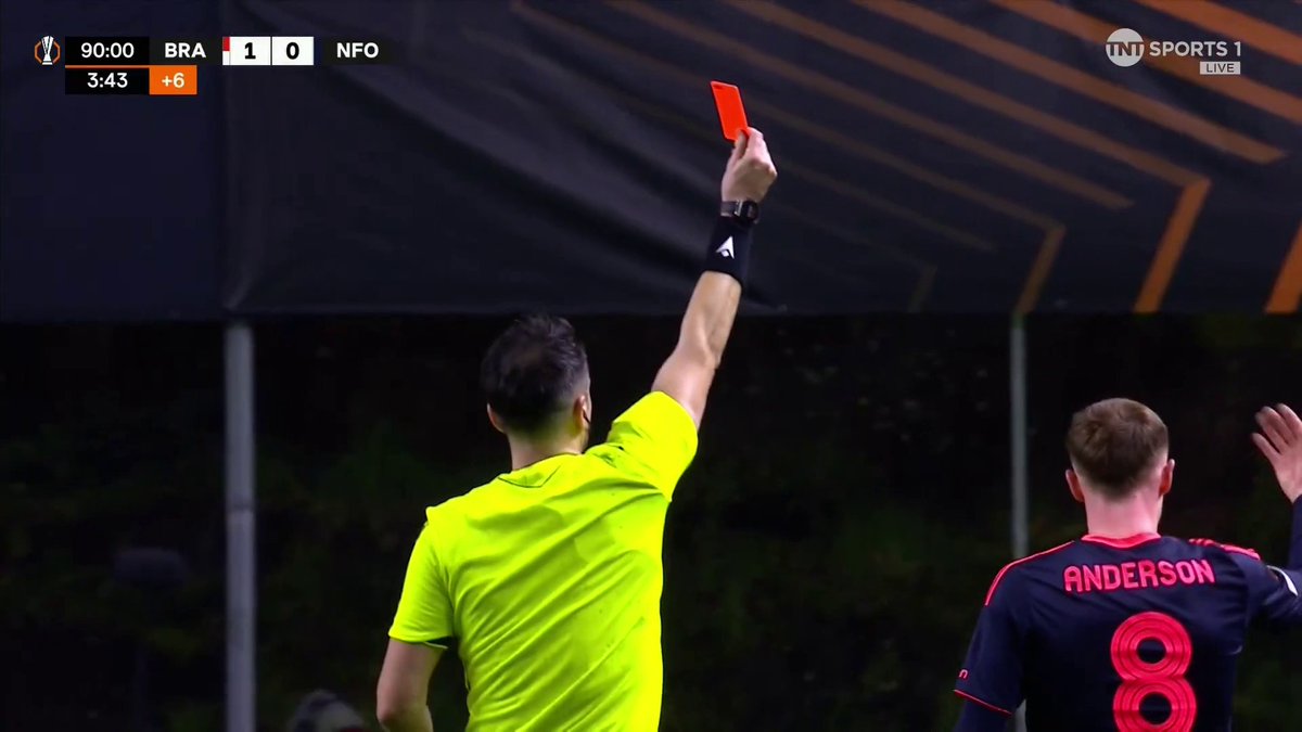 Elliot Anderson was given a STRAIGHT RED for something he said to the referee in the final minutes of their Europa League game. I wonder what he said…