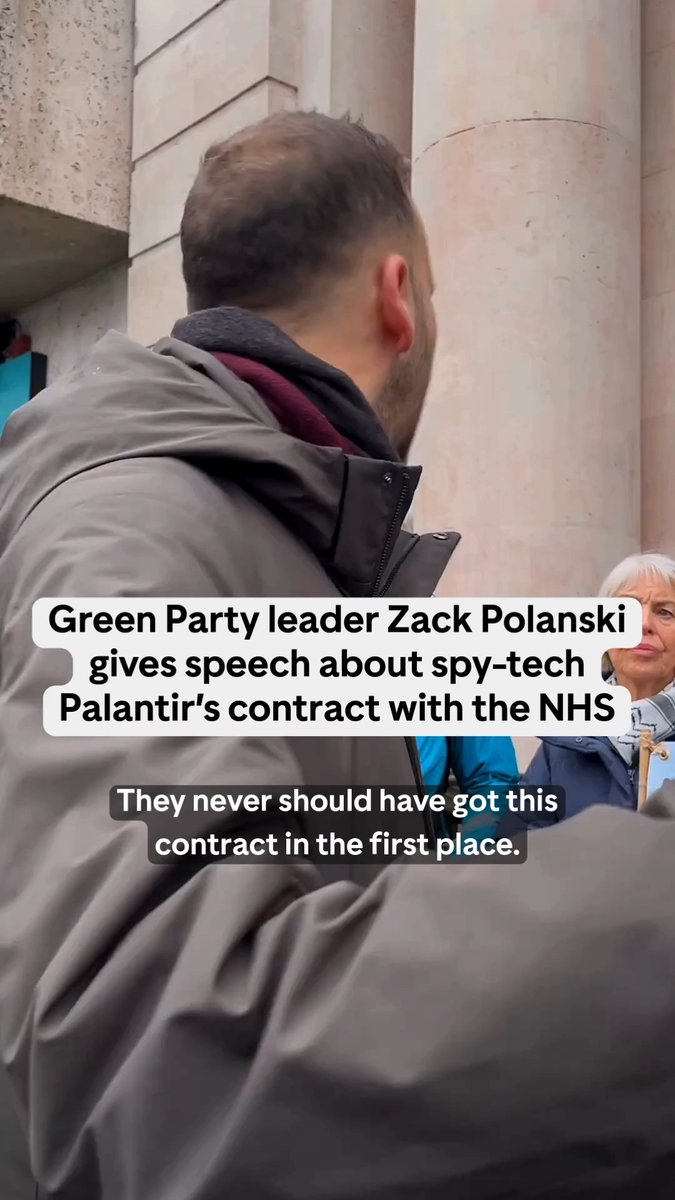 Zack Polanski stood outside Palantir HQ to demand that the spy-tech firm - which has supported deadly ICE raids and enabled genocide in Gaza - gets out of our NHS Say no to Palantir in the NHS ❌👇