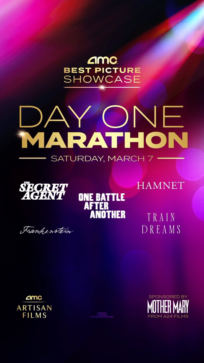 Oscar® nominees take center stage when they return to the big screen for 2026’s Best Picture Showcase. Relive the magic of the films at our Two-Day marathon, sponsored by A24's MOTHER MARY.