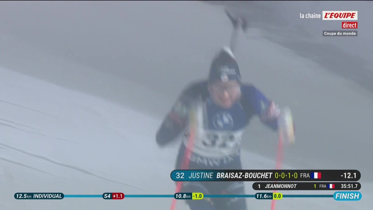 Justine Braisaz-Bouchet devance Lou Jeanmonnot pour un peu plus d'une seconde !! Le direct sur la chaine L'Équipe > #lequipeBIATHLON