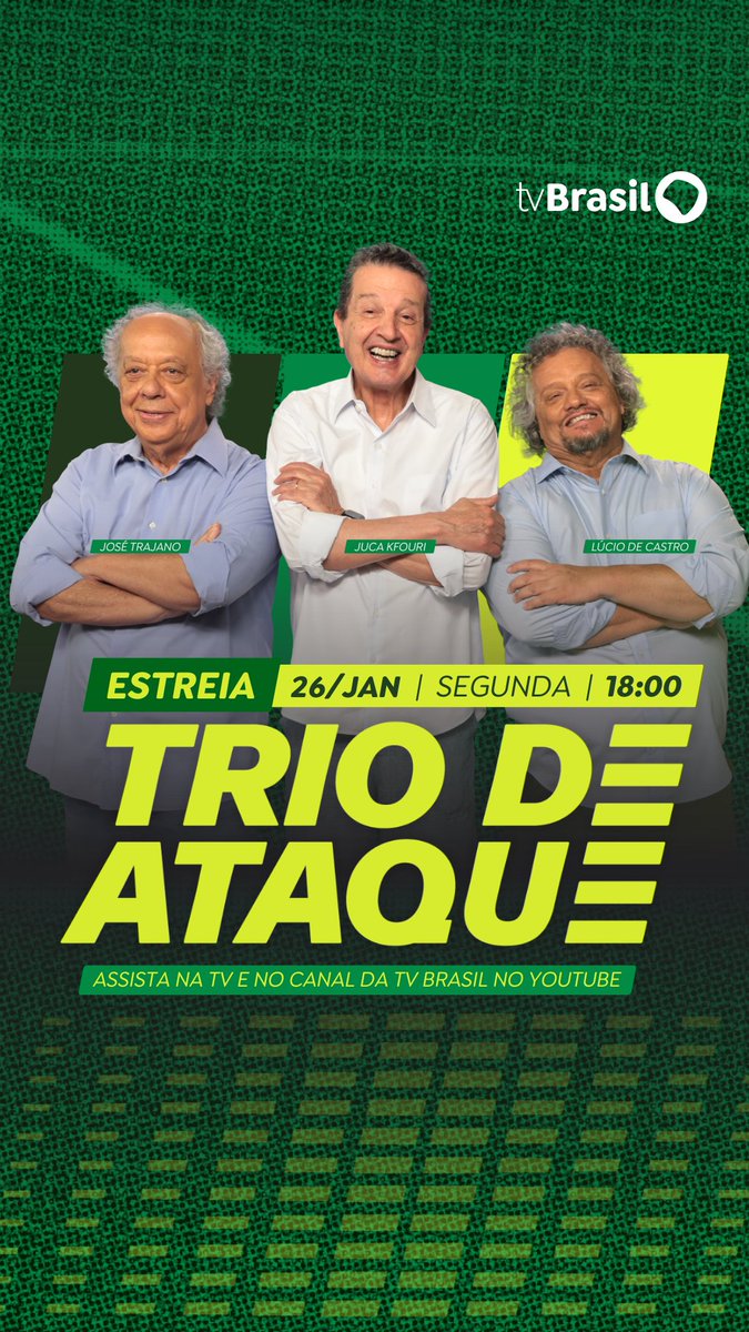 O #TrioDeAtaque ESTREIA na próxima segunda-feira (26/1), às 18h, na TV Brasil e no canal da TV Brasil no YouTube com debate afiado, humor e análise crítica do futebol. No comando: Juca Kfouri, José Trajano e Lúcio de Castro. ⚽️💥 Anota aí e não perca essa novidade!