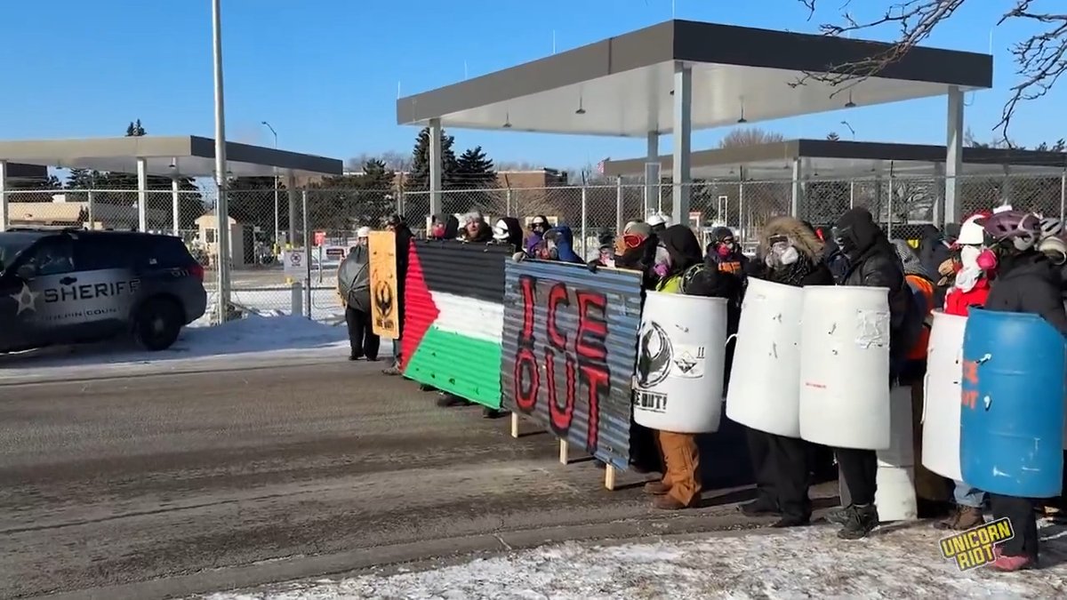 NEW: 'ICE Out of Minnesota' Day Leads to ~100 Arrests at Airport and Whipple Building A near statewide general strike for Jan. 23 dubbed 'ICE Out of Minnesota' came during a day where the high temps reaching -11°F. Clergy & faith leaders demanding "ICE out" led a mass protest at the MSP International Airport & participated in acts of civil disobedience by praying on the road. Around 100 were arrested. At least 2 arrests occurred outside the Whipple Federal Building. Multiple roadways to the building were blockaded while ice balls were thrown at federal vehicles near the entrance. More on ICE in Minnesota at our website and in past posts. Stay tuned for video from the downtown march and rally.
