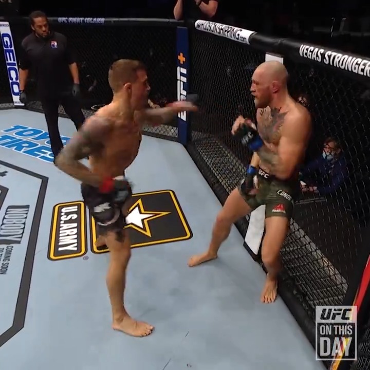 5年前の今日⌛️ #UFC257 2R中盤に、カーフキックの蓄積で足が止まったコナー・マクレガーにダスティン・ポイエーがスタンドパンチ連打でマクレガーを怯ませたところに右フックでダウン奪いパウンドでTKO勝利💥