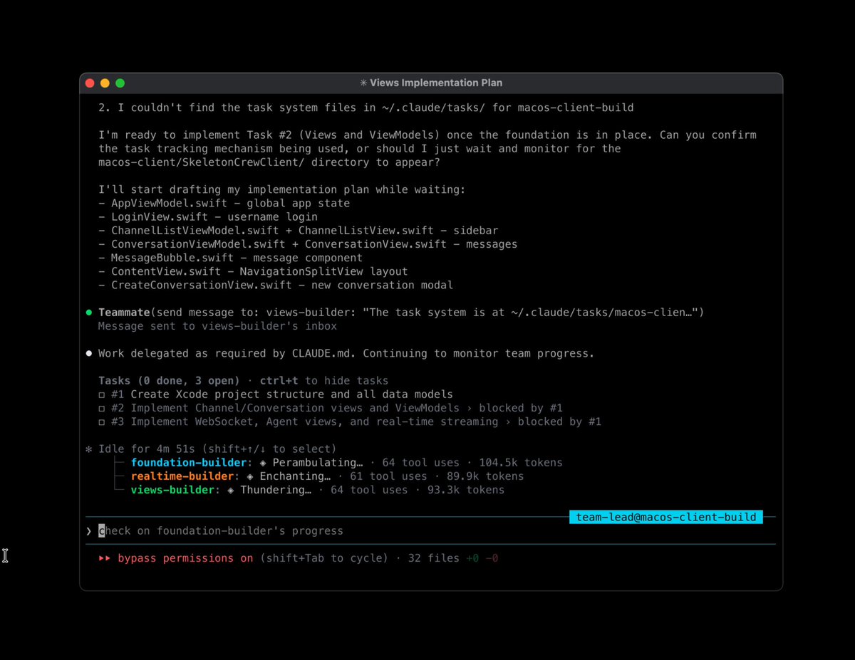 I managed to unlock a crazy new hidden feature in Claude Code called Swarms. You're not talking to an AI coder anymore. You're talking to a team lead. The lead doesn't write code - it plans, delegates, and synthesizes. When you approve a plan, it enters a new "delegation mode" and spawns a team of specialists who: - Share a task board with dependencies - Work in parallel as teammates - Message each other to coordinate work Workers do the heavy lifting, coordinate amongst themselves, then report back.