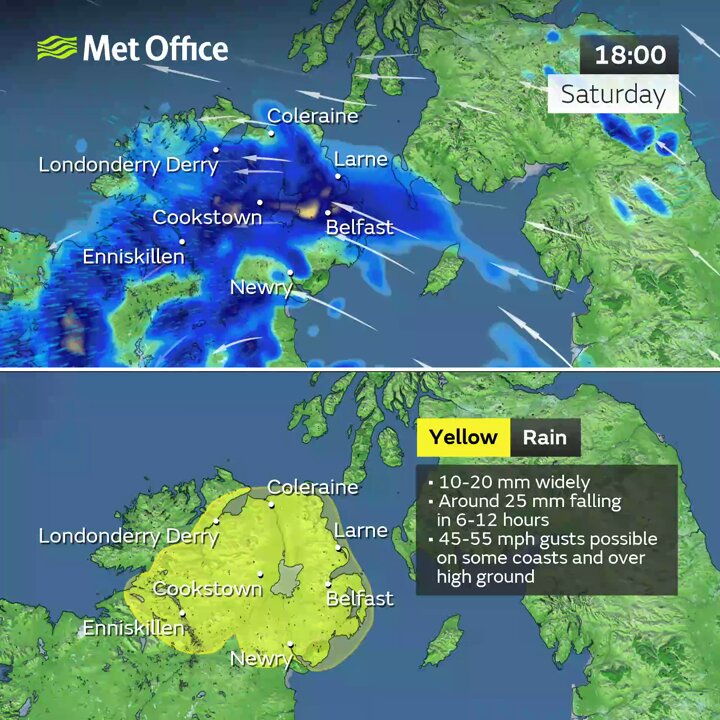 ⚠️ Yellow weather warning issued ⚠️ Rain across Northern Ireland Saturday 18:00 – Sunday 09:00 Latest info 👉 Stay #WeatherAware⚠️