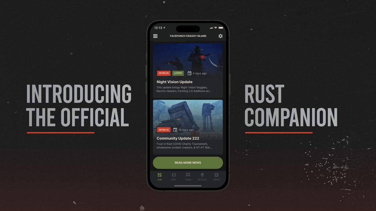 RUST+, the official Rust companion app. ☢️📲 View real-time server info, see what's happening across the map, track your base status, and chat with your team members. Download it here: