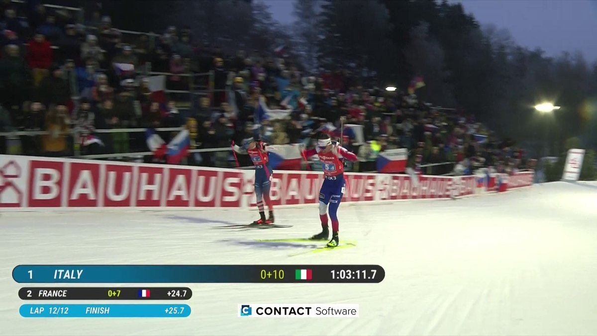 Italy wins, France finish second - but it's this finish by Michal Krcmar that sends the 25,000 in Nove Mesto into party mode after the Mixed Relay 🔥 Watch live on