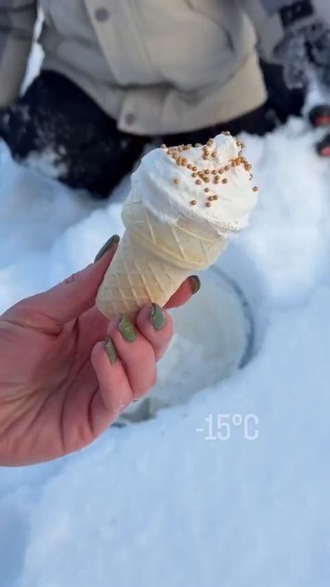 Homemade ice cream? Sure Recipe: cream, sugar, vanilla… And, of course… Canada’s −15 °C 😂
