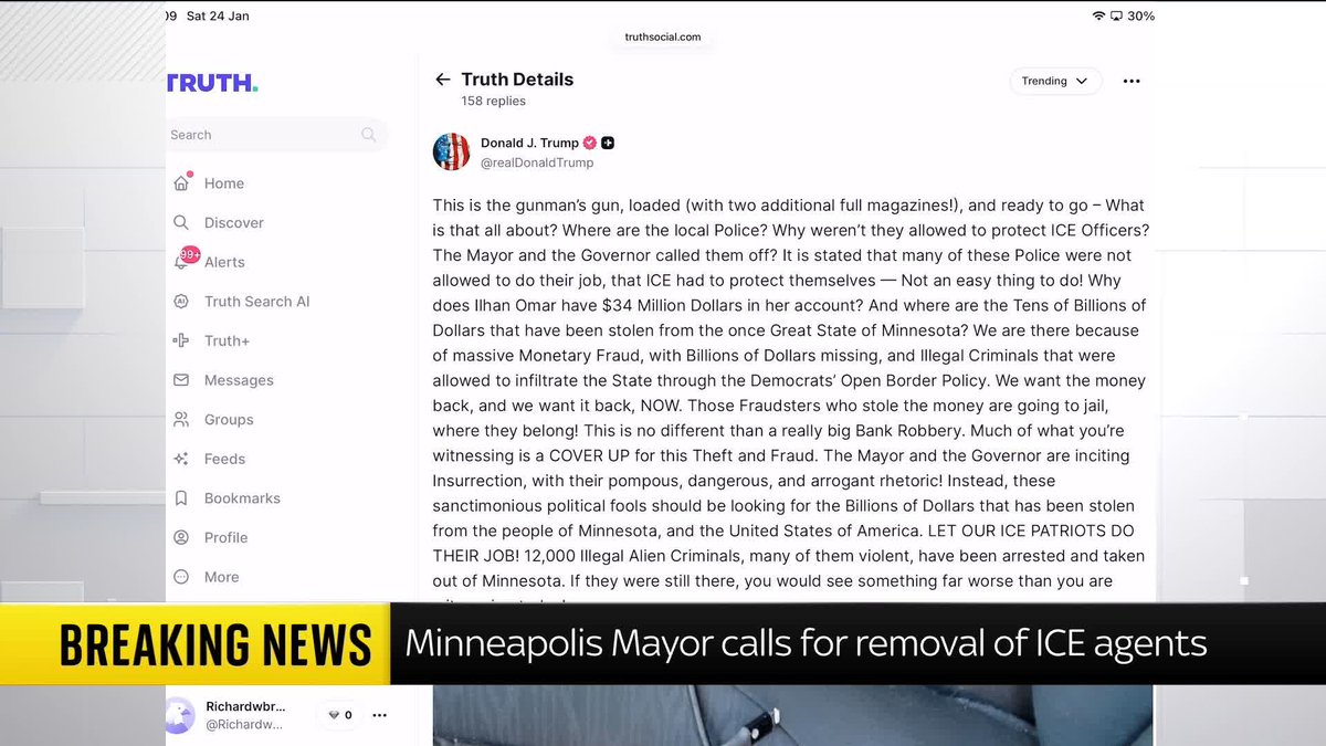 Donald Trump has responded to the Minneapolis shooting in a post on Truth Social. It includes a picture of a handgun said to have been carried by the man who was shot, which was previously shared by the Department of Homeland Security. 📺 Sky 501 & YT