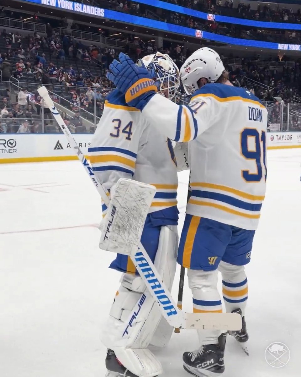Always hug your goalie (especially after a shutout!) 😉 #LetsGoBuffalo | #sabrehood