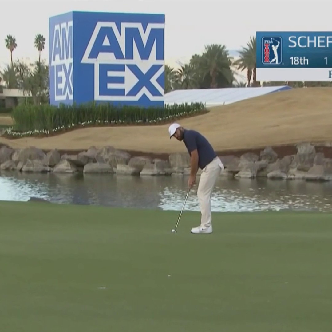 Scottie Scheffler long par save on 18 to set up a Sunday final group of himself, Si Woo Kim, and Blades Brown. Cinema.